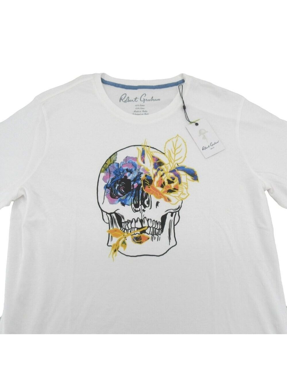 Robert Graham Hibiscus Skull Graphic T-Shirt Men's Size Large White TEE NEW